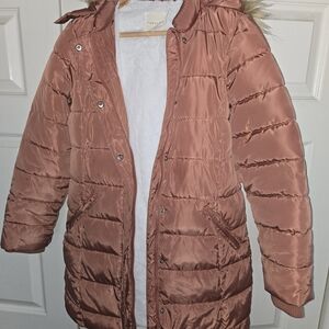 Copper Key Mauve Orange Puffer Coat with Faux Fur Trim